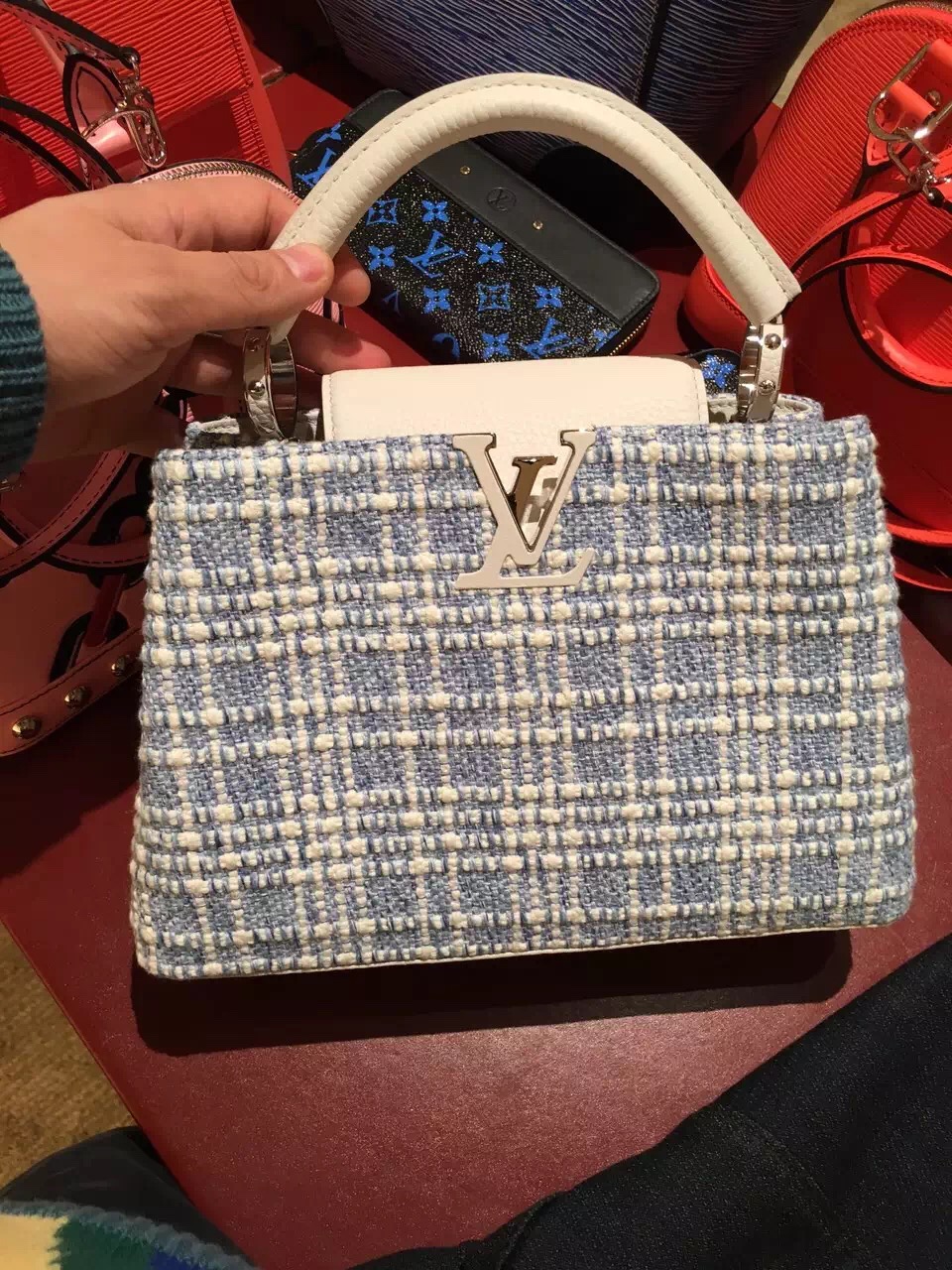 Real Louis Vuitton Tweed Capucines BB Bag M42013 Bleu Clair